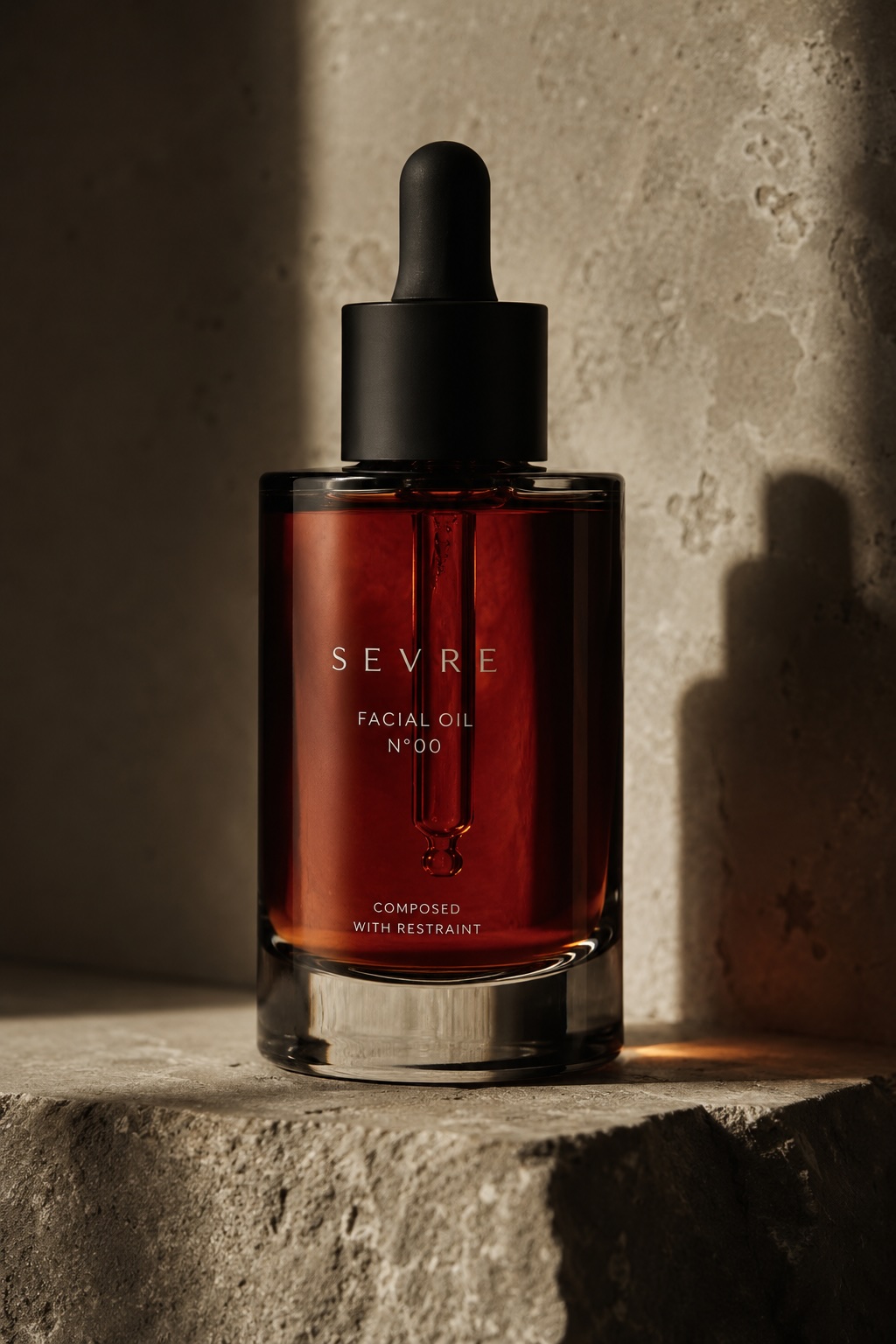 SEVRE matte black facial oil bottle on warm stone