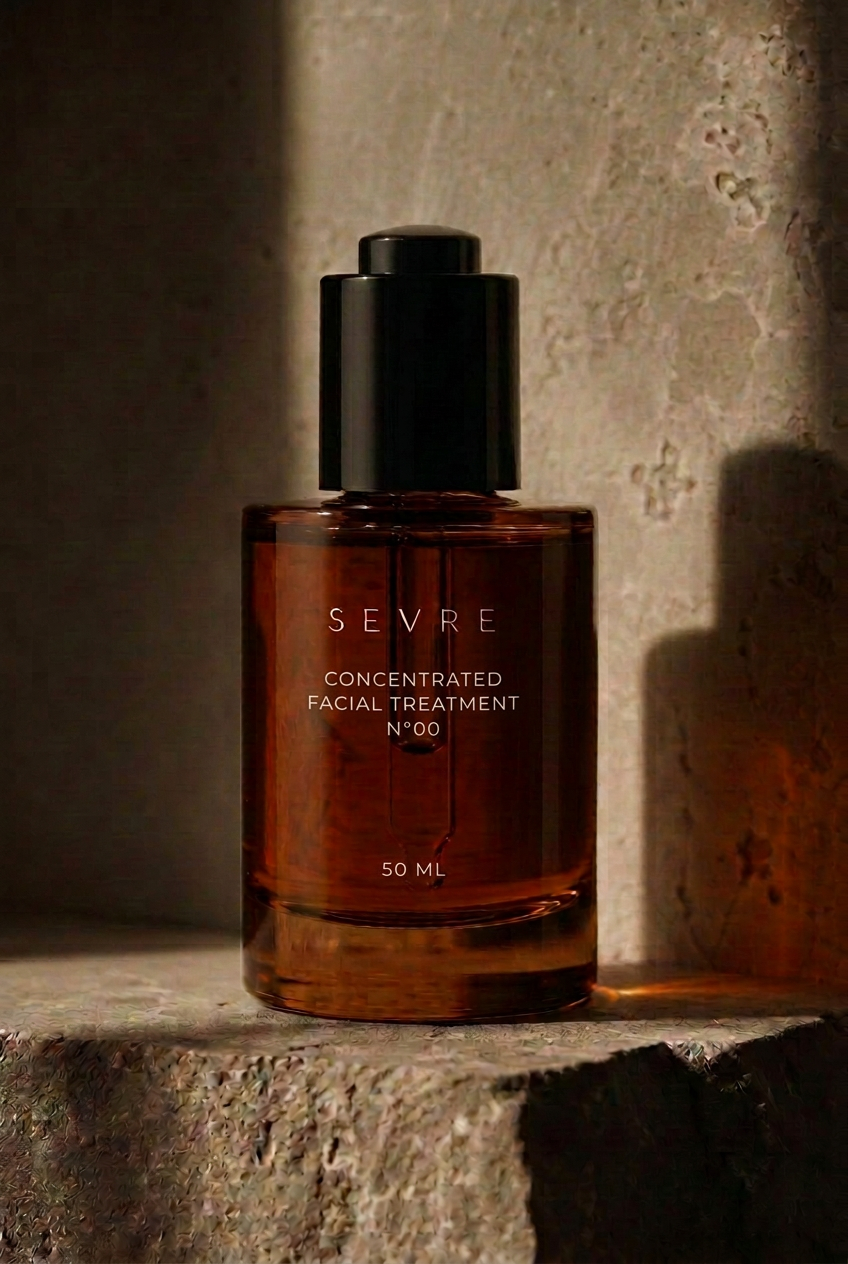 SEVRE N°00 concentrated facial treatment in an amber glass bottle, the pink-amber treatment visible within